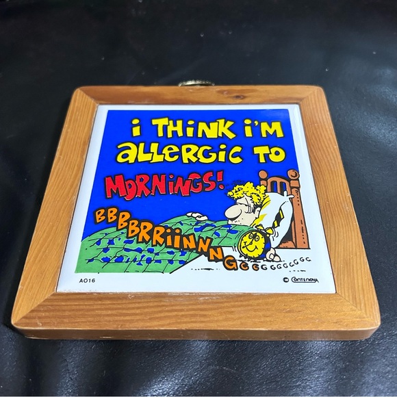 Vintage Contenova Ceramic Tile Wood Frame “l think I am allergic to mornings!” - Picture 3 of 3